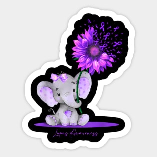 LUPUS AWARENESS Cute Elephant Sunflower Purple Ribbon Sticker